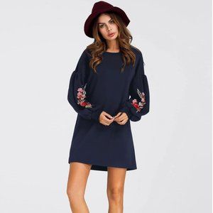LOFT Navy Blue Bell Sleeve Embroidered Shift Dress